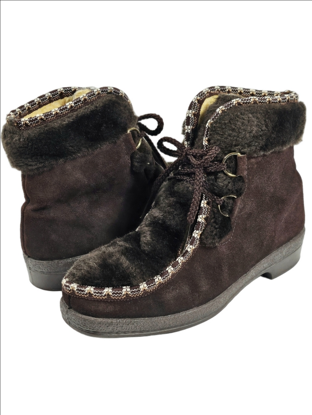Vintage 70s Northlanders Brown Suede Faux Fur Lined Lace Up Moccasin Winter Boot
